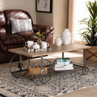 Baxton Studio JY20A076-Natural/Black-CT Terence Vintage Rustic Industrial Natural Finished Wood and Black Finished Metal Wheeled Coffee Table